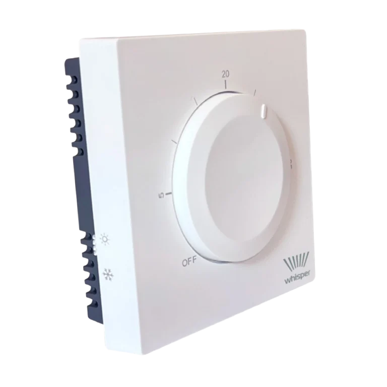 Warm-Flo white on-wall dial room thermostat.