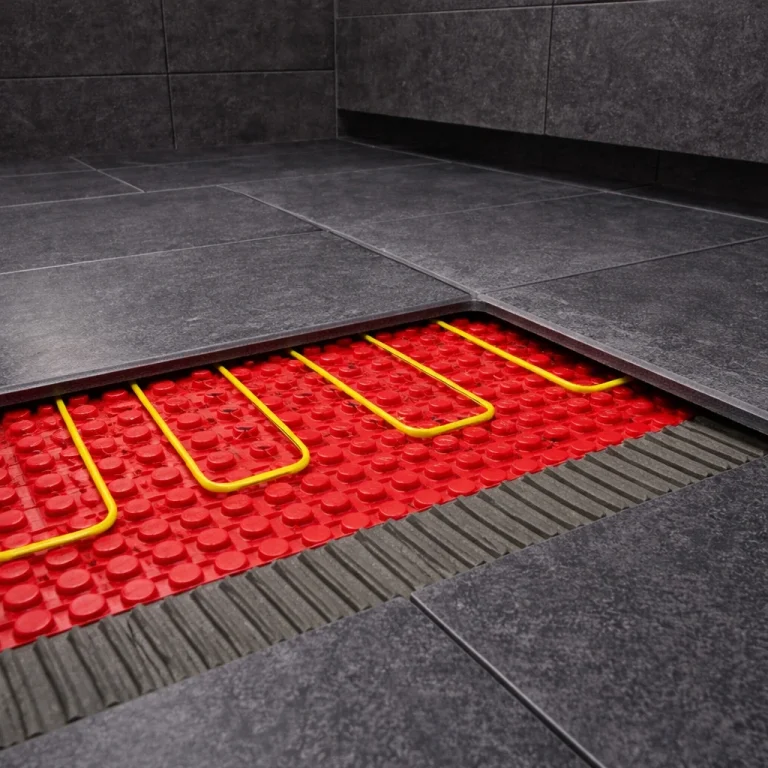 Electric underfloor heating loose cable system installed over insulation mesh beneath large format grey tiles prior to final floor covering.