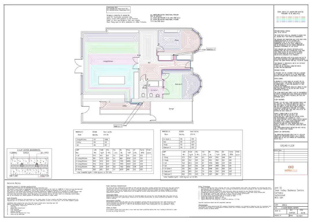 A detailed drawing of an underfloor heating system in a domestic property.