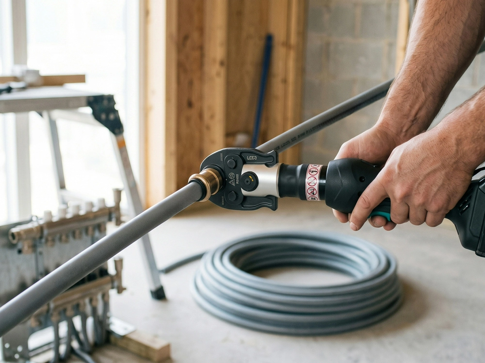 Engineers installing pipes with MLCP press fittings.